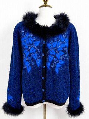 Vintage Berek Wearable Art Faux Fur Trim Embroidered Cardigan Sweater Large